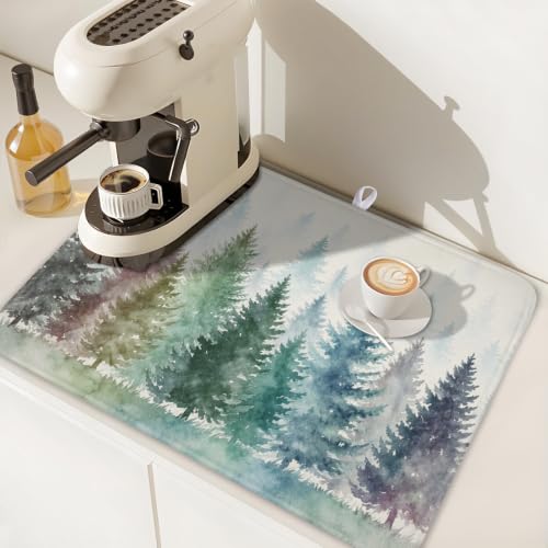 Pine Tree Dish Drying Mat Natural Forest Fog Microfiber Dishes Pad 18x24 Inch Absorbent Fast Dry Dish Drainer Rack Mats for Kitchen Counter