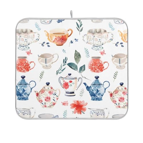 Watercolor Tea Cups Teapots Dish Drying Mat for Kitchen Counter Absorbent Microfiber Drying Pad