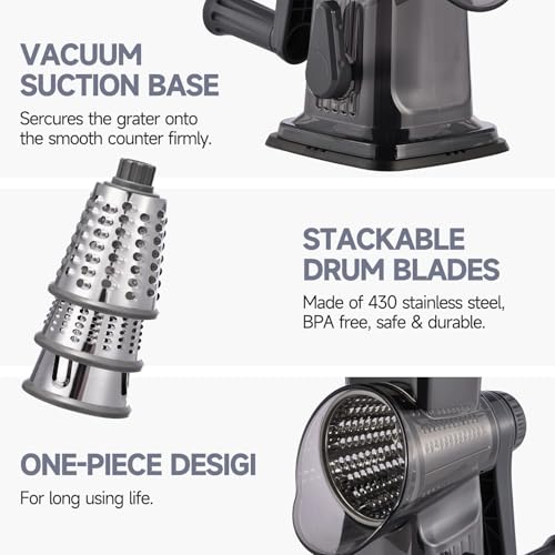 Rotary Cheese Grater with Handle Kitchen Shredder Slicer Grater Slicer Ice Shaver Cheese Vegetable Nuts Potato Zucchini Chocolate 3 Interchangeable Blades