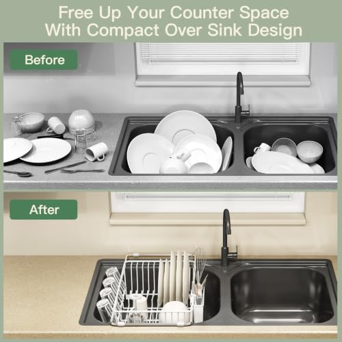 White Expandable Dish Drying Rack Over Sink with Anti