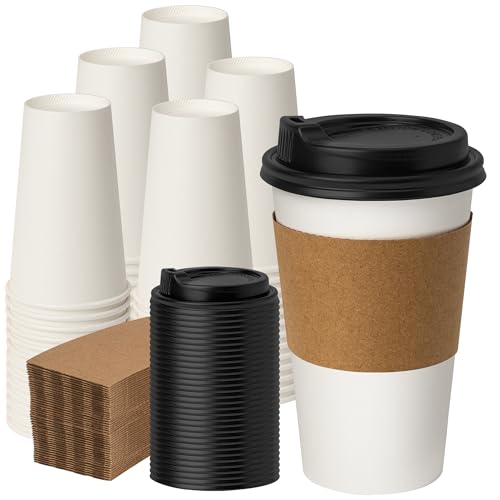 100 Pack 16 oz Disposable Coffee Cups with Lids and Sleeves (100 Count)