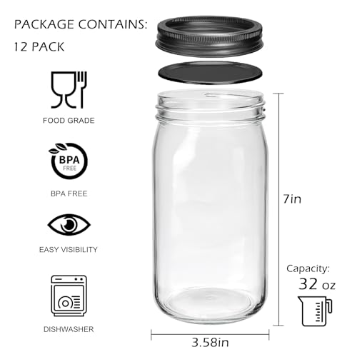32oz Wide Mouth Mason Jars 12 Packs with Lids (12 Count)