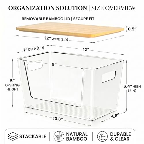 6 Pack Clear Stackable Storage Bins with Bamboo Lids (6 Count)