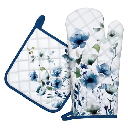 Blue Watercolor Flower Oven Mitts and Pot Holder Set (2 Count)