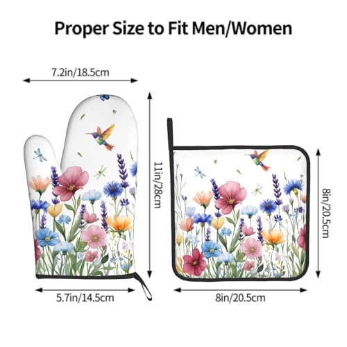 Spring Floral Oven Mitts and Pot Holder 2Pcs Hummingbird Flower Heat Resistant Kitchen Glove Washable Potholder for Baking Cooking Grilling
