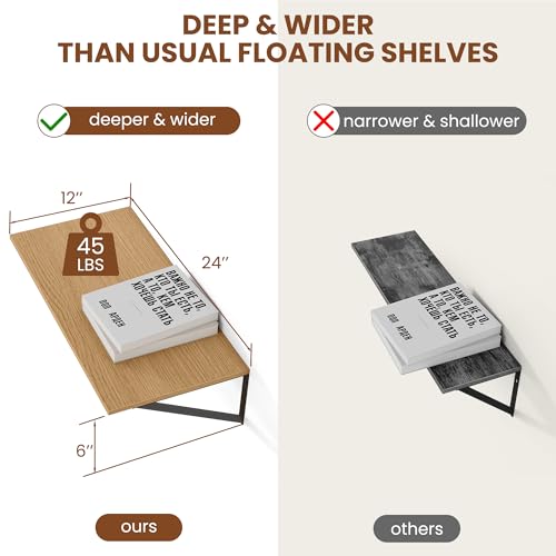 24W x 12D Deep Floating Shelves Set of 2 Oak (2 Count)