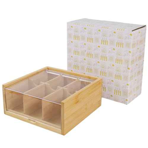 Bamboo Tea Bag Organizer Storage Box with 6 Compartments