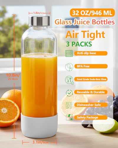 32oz Large Glass Juice Bottles With Stainless Steel Lids (3 Count)