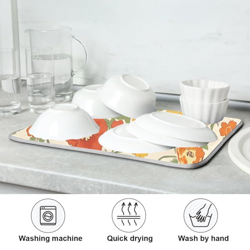 Retro Yellow Orange Flowers Dish Drying Mat for Kitchen Counter Absorbent Microfiber Drying Pad