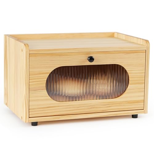 Bread Box for Kitchen Countertop Storage Wooden Breadbox Holder Container Morden Rustic Fresh Bread Keeper Farmhouse Stackable Organizer Bin for Homemade Food Shelf Acrylic Window