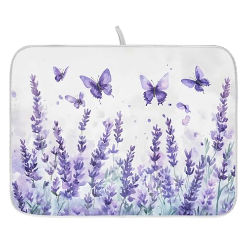 Purple Lavender Spring Summer Flower Floral Dish Drying Mat for Kitchen Counter Absorbent Microfiber Small Drying Pad Dish Mats for Kitchen Countertops 16 x 18 Inch