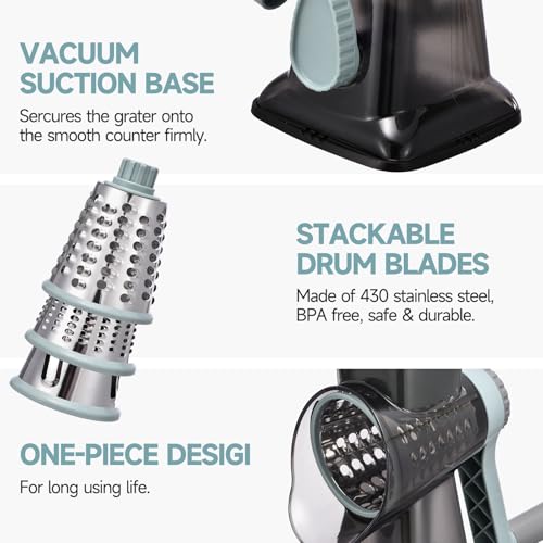 Rotary Cheese Grater with Handle Kitchen Shredder Slicer Grater Slicer Ice Shaver Cheese Vegetable Nuts Potato Zucchini Chocolate 3 Interchangeable Blades