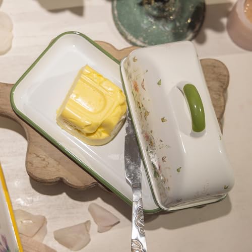 Enamel Butter Dish with Lid Vintage Enamelware Butter Keeper with Flower and Bee Patterns Farmhouse Butter holder Butter container for Kitchen Decor