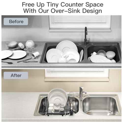 Grey Expandable Dish Drying Rack Over Sink with Extra Drying Mat