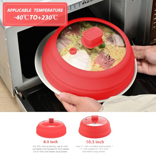 Microwave Splatter Cover Glass Splatter Guard Lid with Collapsible Silicone for Small Bowls Food Plate Cover 9 inch Red