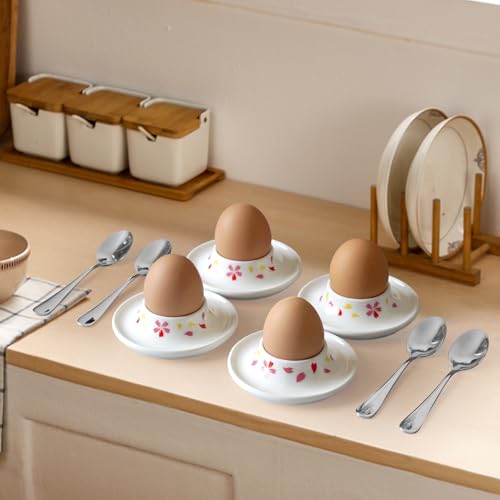 Ceramic Sakura Egg Holder Set of 4 Porcelain Holder With 4Stainless Steels Egg Spoons Breakfast Boiled Cooking Easy to Clean Childhood Memories Kitchen