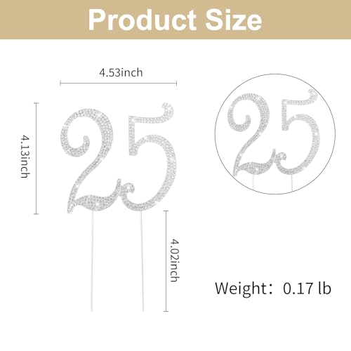 Silver 25th Birthday Cake Topper Rhinestones Cake Decorations for 25th Birthday Party