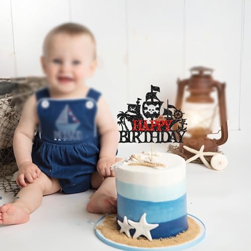 1Pcs Pirates Happy Birthday Cake Topper Pirate Ship Nautical Cake Pick for Pirates Theme Baby Shower Birthday Party Cake Decorations Supplies Red