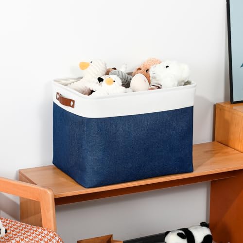 Large Storage Baskets with Leather Handles for Linen Closet and Home Office (3 Count)