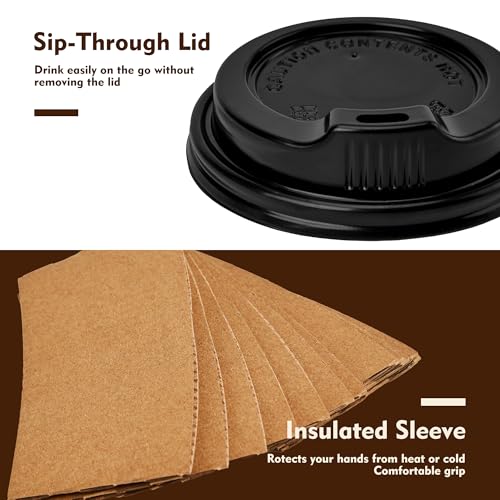 16 oz 100 Pack Disposable Coffee Cups with Lids & Sleeves (100 Count)