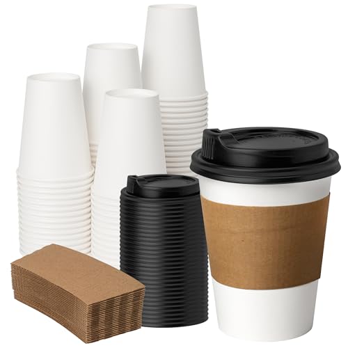 12 oz 50 Pack Coffee Cups with Lids and Sleeves (50 Count)
