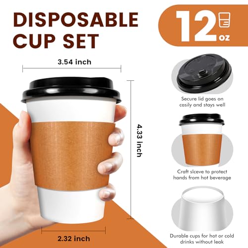 12 oz Disposable Paper Coffee Cups with Lids & Sleeves (100 Count)