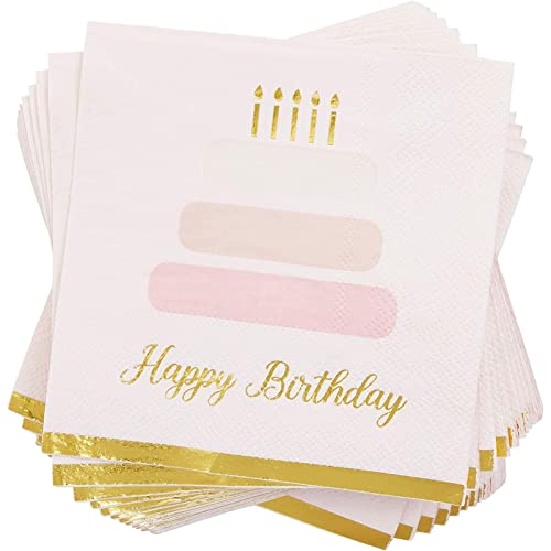 50 Pack Cake Theme Happy Birthday Napkins with Gold Foil Edges (50 Count)