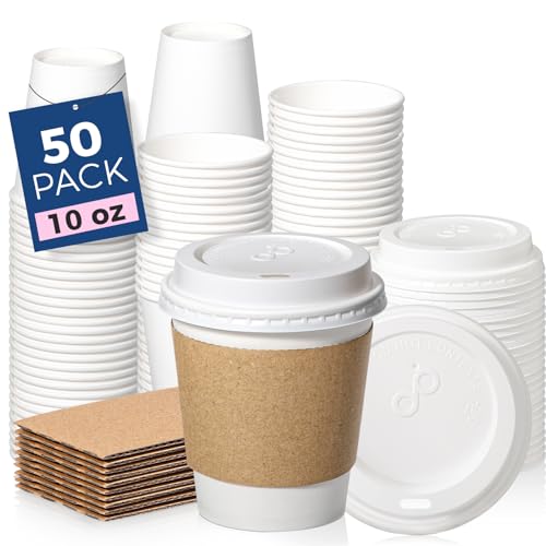 50 Pack 10 oz Disposable Coffee Cups with Lids (50 Count)