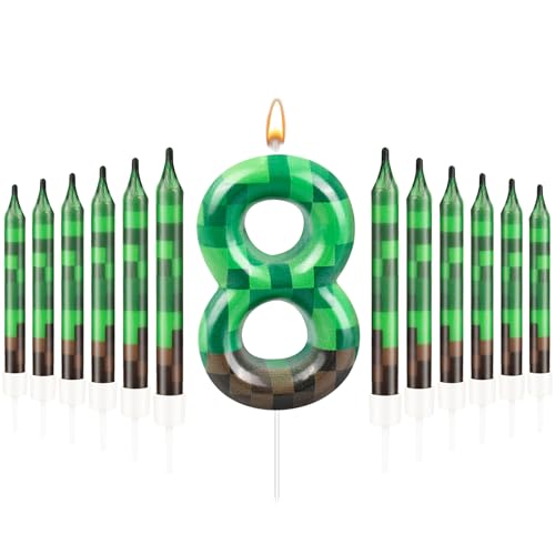 13 Pcs Dynamite Candles 12 TNT Themed Birthday Cake Candles and Number 8 Candle Cake Topper for Pixel Theme Birthday Party Anniversary Party Dynamite Theme Party Video Game Party Supplies (13 Count)
