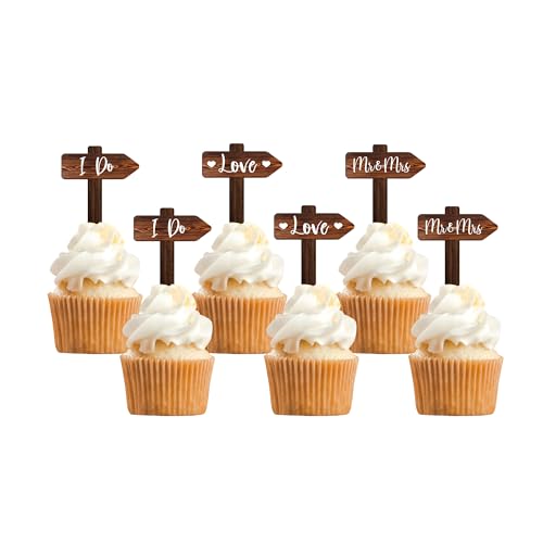 Rustic Wedding Cake Decoration Set Just Married Cake Topper & 12 PCS Wedding Cupcake Toppers in Wood