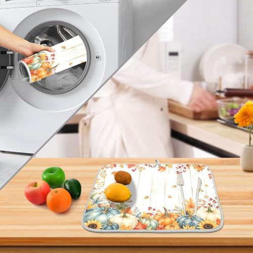 Thanksgiving Dish Drying Mat for Kitchen Counter Absorbent Microfiber Pumpkin Sunflower Fall Autumn Large Drying Pad Dish Mats for Kitchen Countertops 18 x 24 Inch