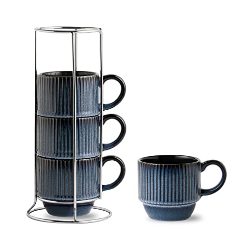 Navy Coffee Mugs Porcelain Set of 4 with Rack (4 Count)
