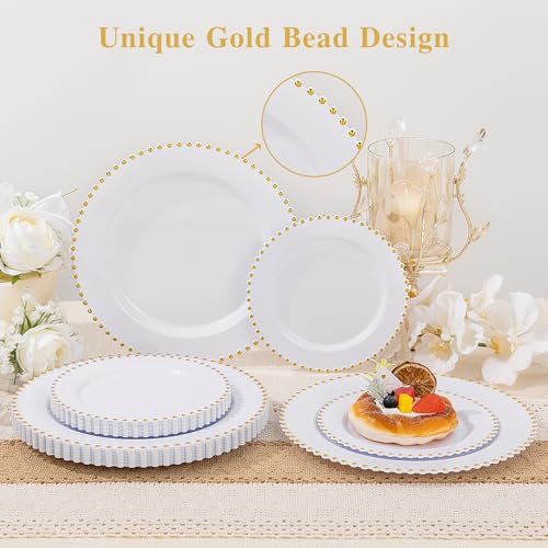 100pcs White Plastic Plates with Gold Beads for Bridal Showers (100 Count)