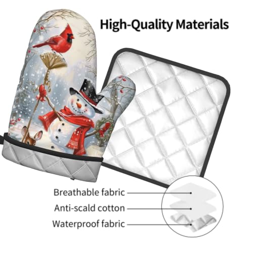 Winter Snowman Oven Mitts and Pot Holder Set of 2 Red Bird Berry Decorative Oven Gloves Heat Resistant Kitchen Hot Pads for Baking Cooking