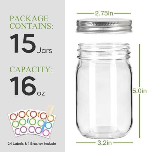Glass Mason Jars 16 oz (16 Fl Oz)