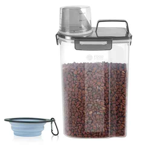 3-5Lbs/3Qt Dog Cat Food Storage Container With Foldable Bowl. Plastic Pet Food Dispenser for Small Animal Kibble/Pet Food/Bird Seed/Oatmeal/Rice/Flour/Brown Sugart/Cereals (Clear Black)