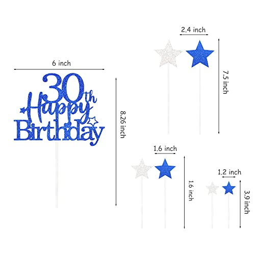 Royal Blue 30th Birthday Cake Topper with Glittery Stars (7 Count)