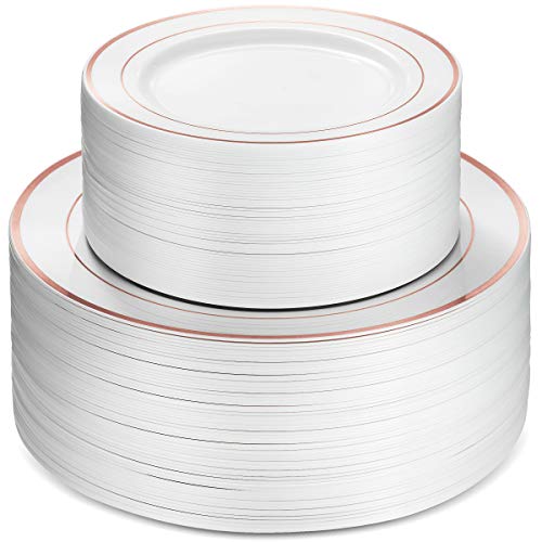 100 Rose Gold Rim White Plastic Plates (100 Count)