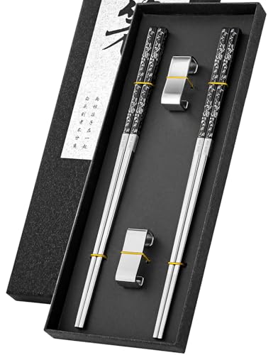 Metal Reusable Chopsticks 2 Pairs Titanium Plated Stainless Steel Chopsticks with Holder
