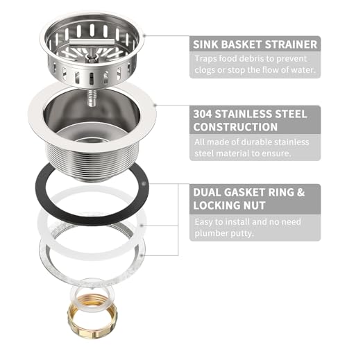 3-1/2 Inch Kitchen Sink Drain Strainer Assembly Made by All Stainless Steel with Strainer Basket/Drain Stopper, Replacement for Standard Commercial Drains