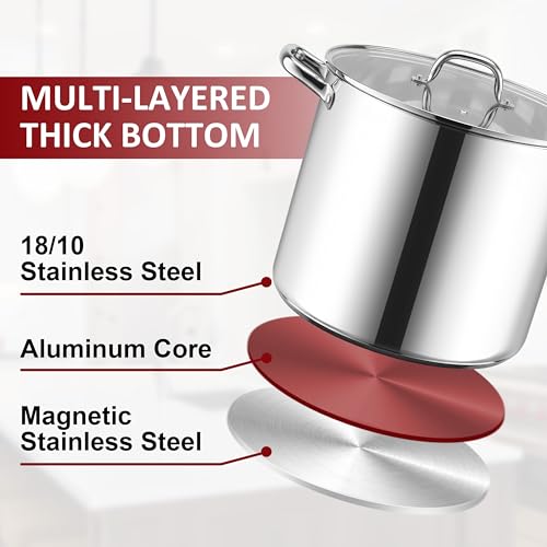 16-Quart 18/10 Stainless Steel Stock Pot with Lid, Large Heavy Duty Soup Pot Compatible with Electric, Gas, Induction and Gas Cooktops, Non-Toxic & Corrosion Resistant, Dishwasher Safe