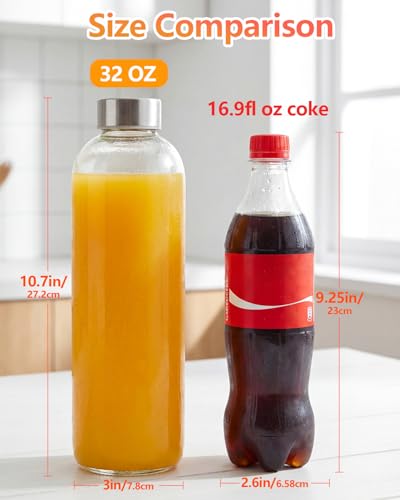 Clear Glass Water Bottles with Stainless Steel Lids 32 oz (3 Count)
