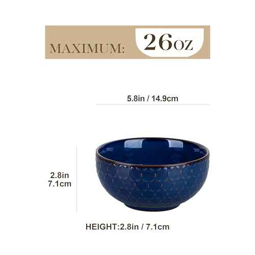 Cereal Bowls 30 Ounce Ceramic Blue Soup Bowl for Kitchen (4 Count)