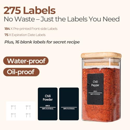 Square Glass Spice Jars with Labels 10 oz 12 Pack with Bamboo Lids (12 Count)