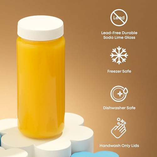 16 oz Reusable Glass Bottles with Caps. Set of 8 Juicing Bottles With Lids and Juice Jars Labels. Glasses for Cold Brew