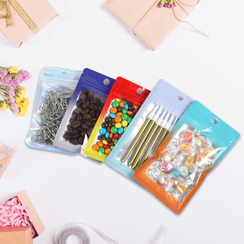 200 Pack Resealable Mylar Holographic Bags Food Storage Smell Proof Bags with Front Window Foil Packaging Pouch for Candy Sample Jewelry Small Business 3.54×6.29 Inch (200 Count)