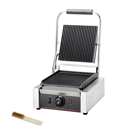 Commercial Panini Press With Grooved Grill Sandwich Maker Machine Electric Contact Grill Single