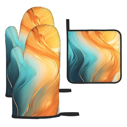 Orange Teal Marble Oven Mitts and Pot Holders Sets of 3 (3 Count)
