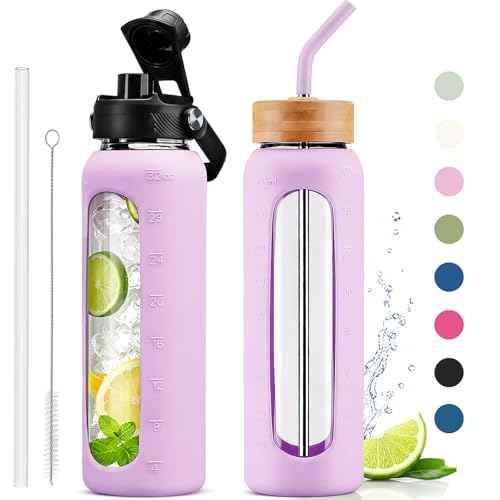 32 oz Glass Water Bottle with Straw and 2 Lids