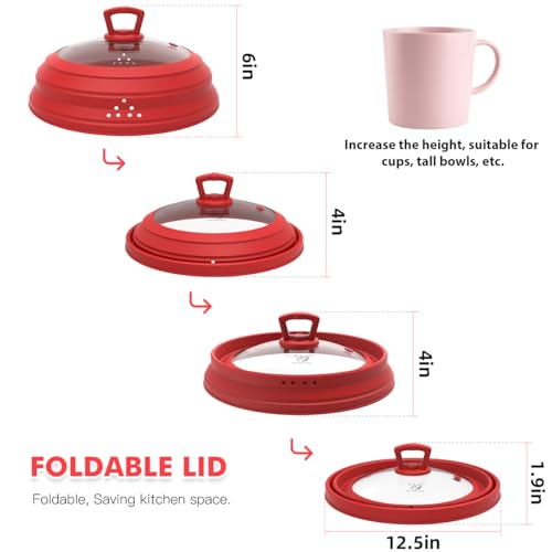 Tall Microwave Splatter Cover Glass Cover Guard Lid 7 inch Height with Collapsible Silicone for Food Pot Plate 12.5 inch Red